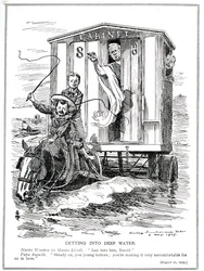 Premierminister Asquith hält Lloyd George und Winston Churchill davon ab, mit ihren feurigen Reden zur Unterstützung der Arbeitslosen und der Einführung eines Mindestlohns Alarm zu schlagen, 1909